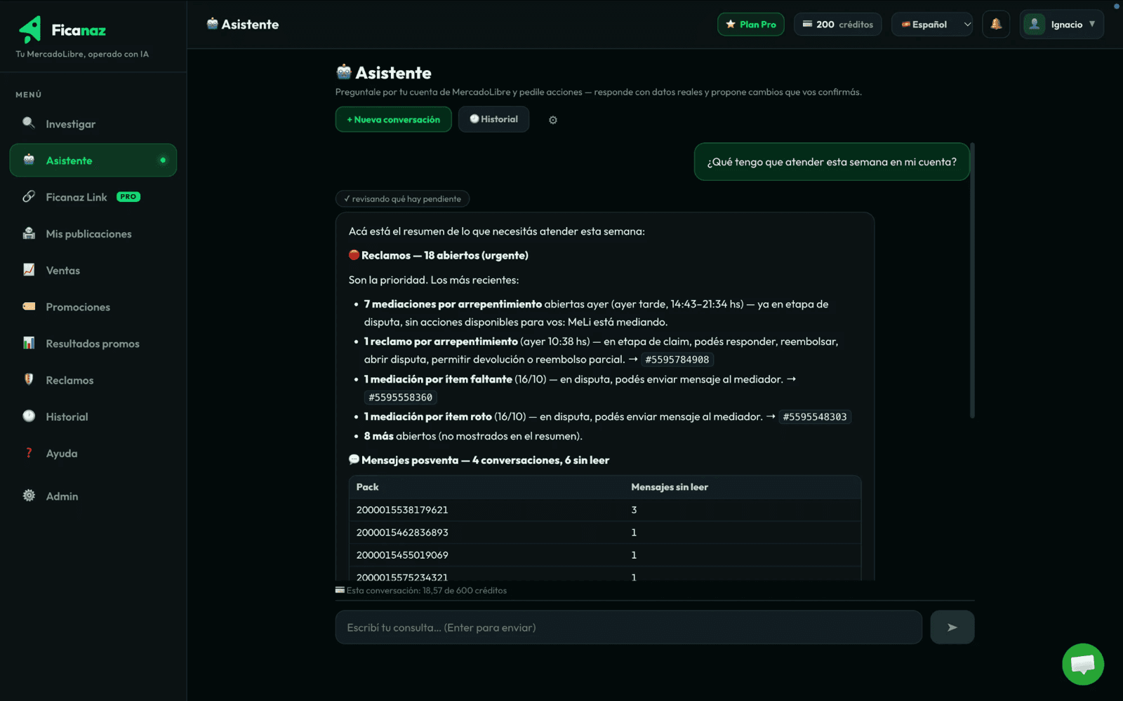 El Asistente respondiendo '¿Qué tengo que atender hoy?' con la agenda de la cuenta: preguntas, mensajes, órdenes y publicaciones sin stock